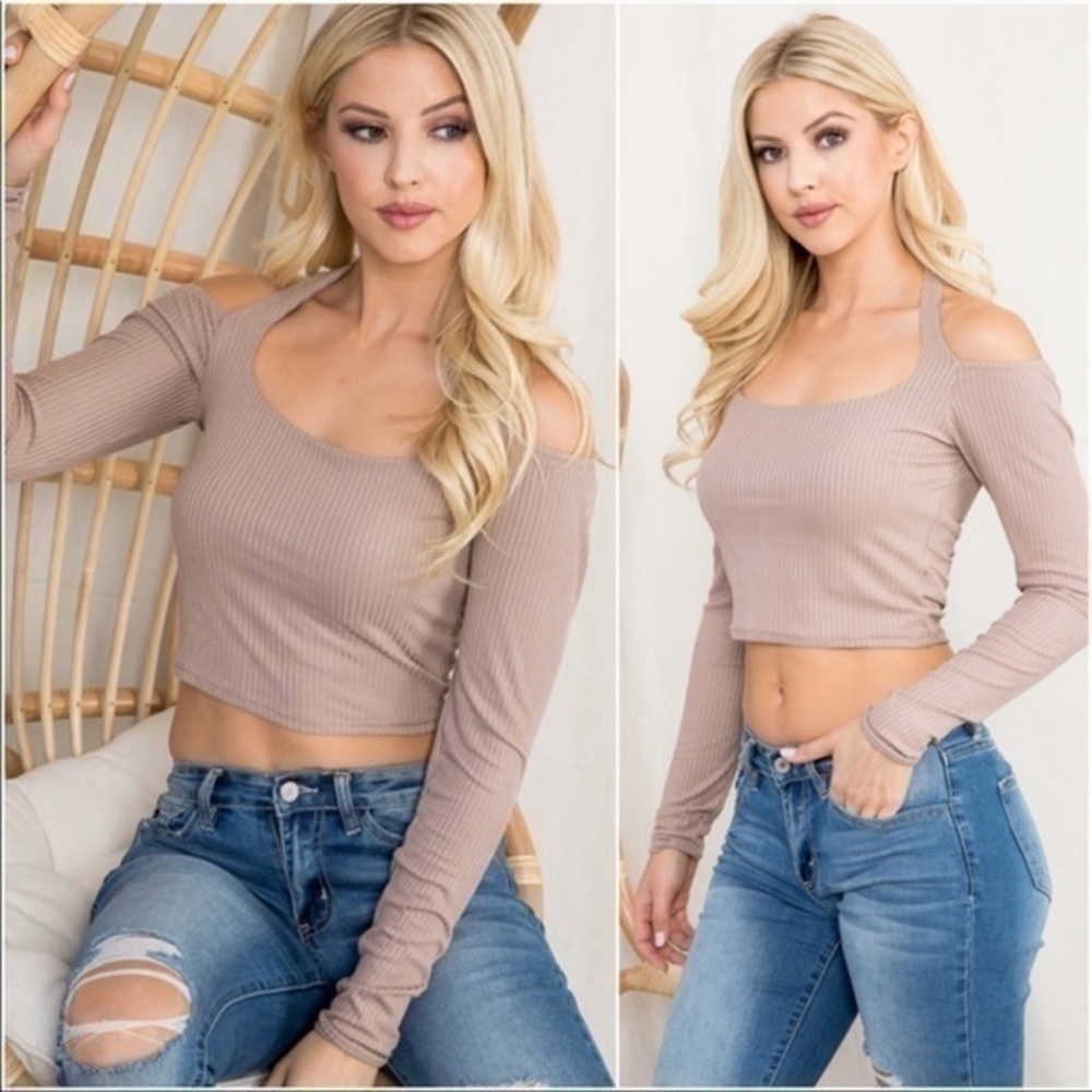Soft Ribbed Cold Shoulder Crop Top